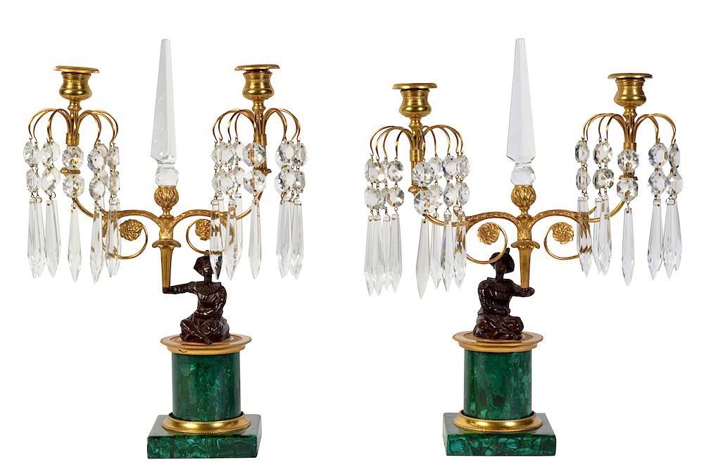 Appraisal: Pr Malachite Crystal Bronze Candelabras Malachite base and plinth with