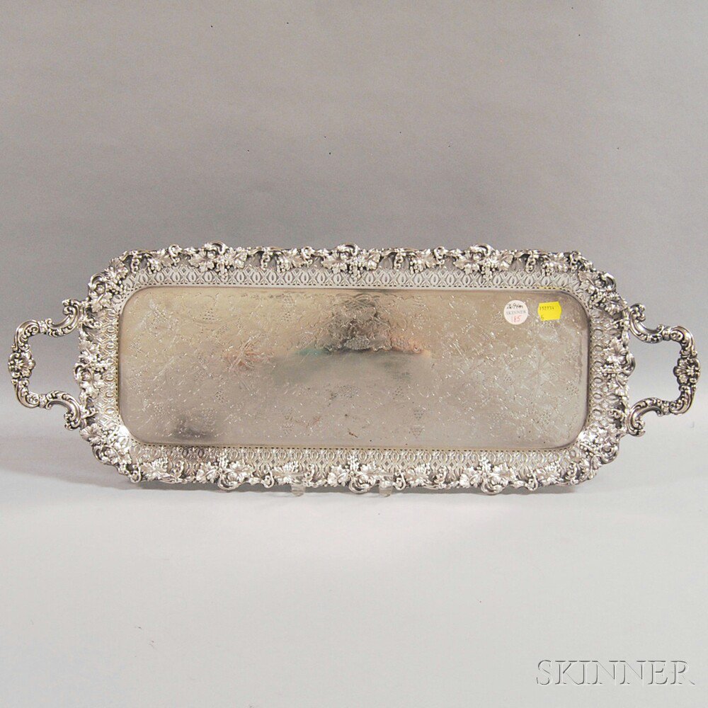 Appraisal: Ellis-Barker Silver-plated Rectangular Serving Tray with engraved grapevine design piercework