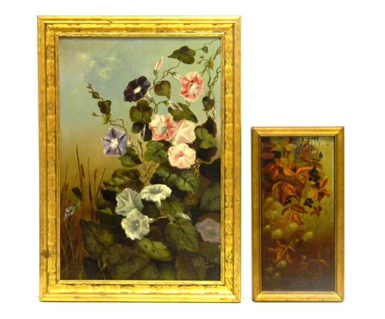 Appraisal: Subject study of morning glories oil on board gilt frame