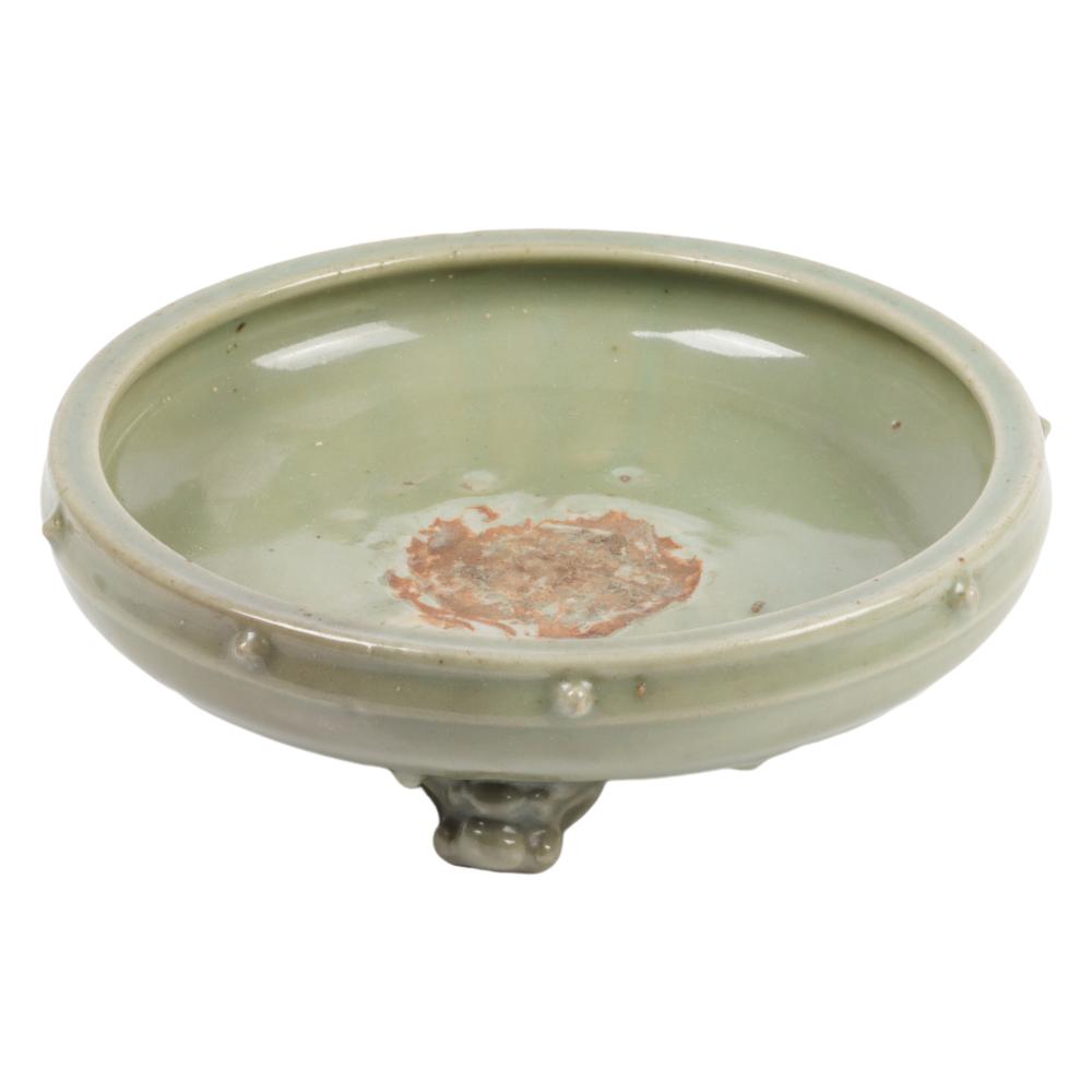 Appraisal: CHINESE CELADON GLAZE TRIPOD NARCISSUS BOWL WITH THREE FIGURAL LION