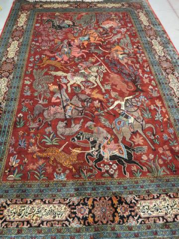 Appraisal: Silk Handmade Oriental Pictorial Rug scenes of hunters animals signed