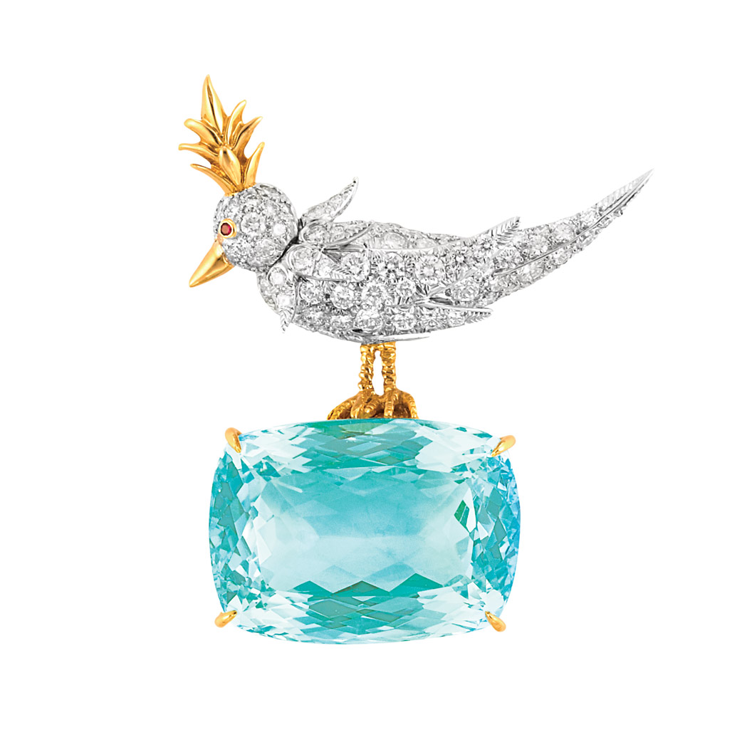 Appraisal: Gold Platinum Diamond and Aquamarine 'Bird on a Rock' Brooch