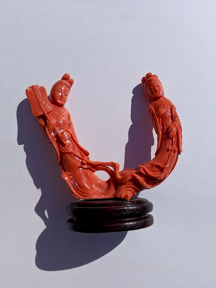 Appraisal: Carved Coral Figure of Beauties grams including wood stand Natural