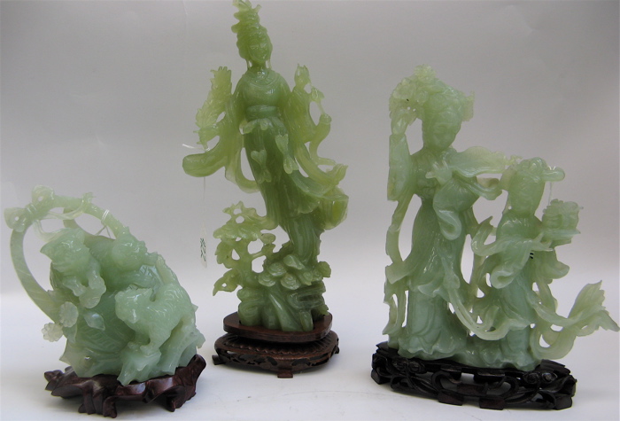 Appraisal: THREE CHINESE HAND CARVED SERPENTINE FIGURES a beautiful lady H