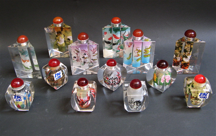 Appraisal: COLLECTION OF THIRTEEN CHINESE CRYSTAL SNUFF MEDICINE BOTTLES hand painted