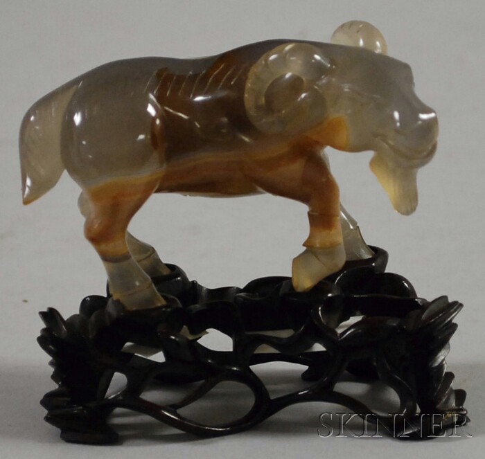 Appraisal: Agate Carving China carved as a ram wood stand lg