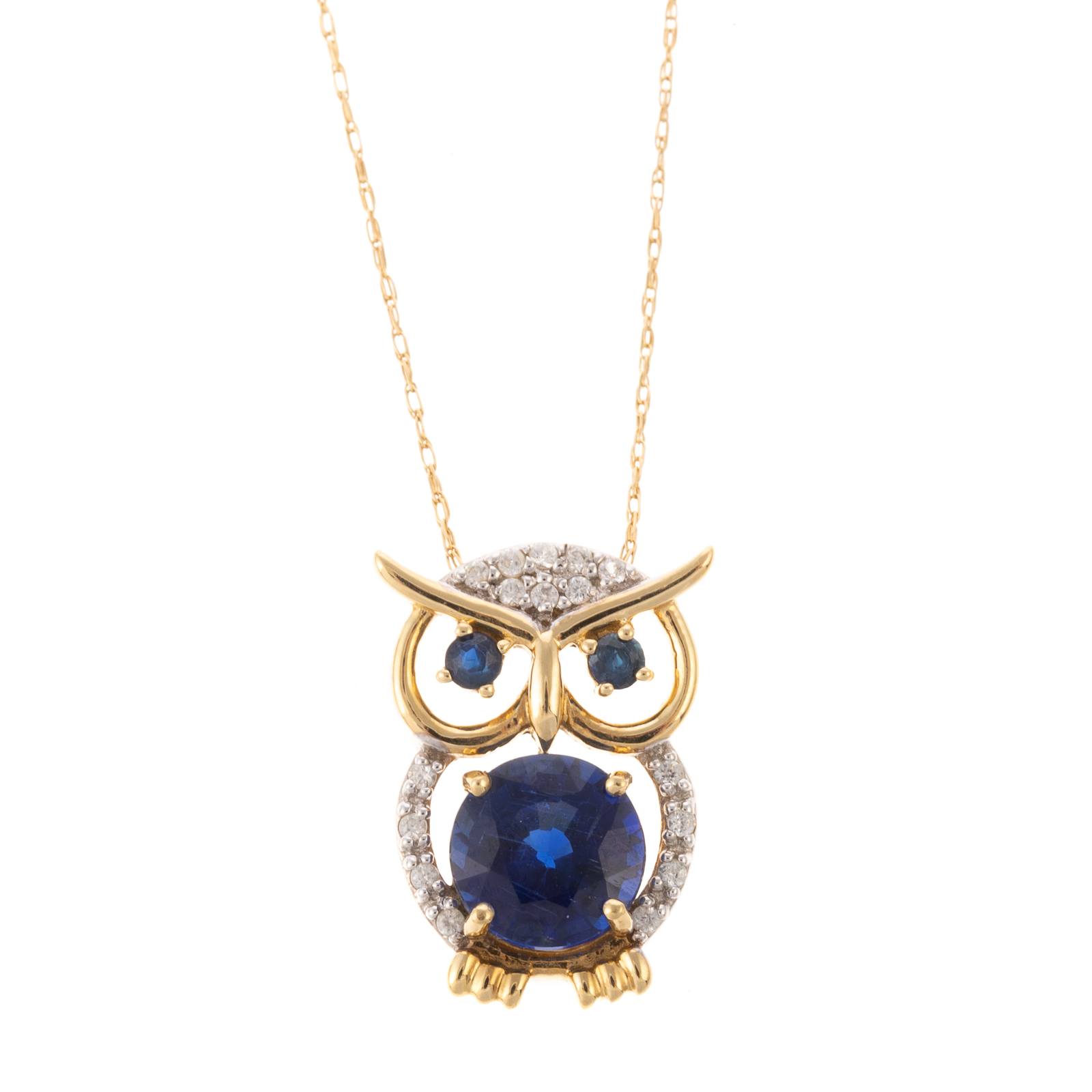 Appraisal: A K SAPPHIRE DIAMOND OWL PENDANT K CHAIN K yellow