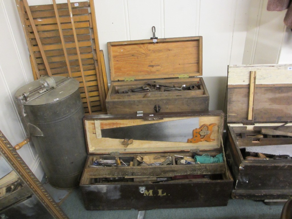 Appraisal: Four tool boxes with contents metal bound butter churn wooden