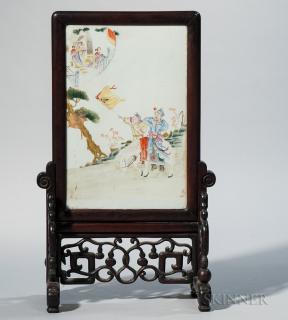 Appraisal: Enameled Porcelain Plaque Table Screen Enameled Porcelain Plaque Table Screen