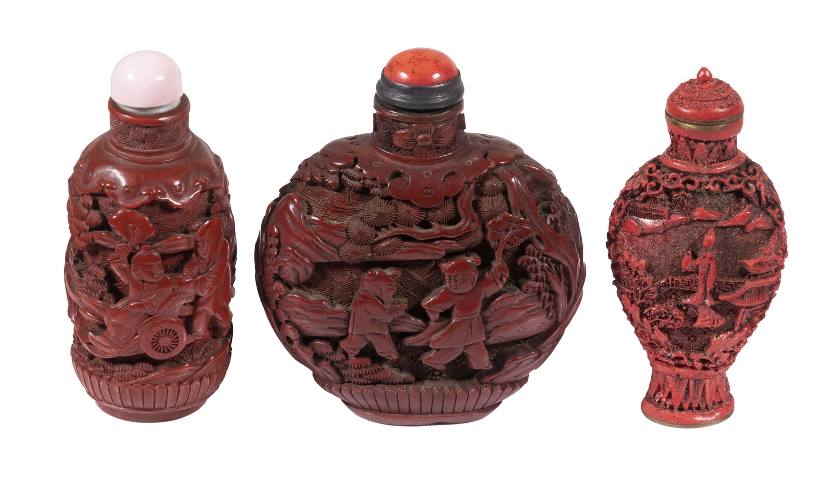 Appraisal: TH C CHINESE CINNABAR SNUFF BOTTLES ONE OVER PORCELAIN Including