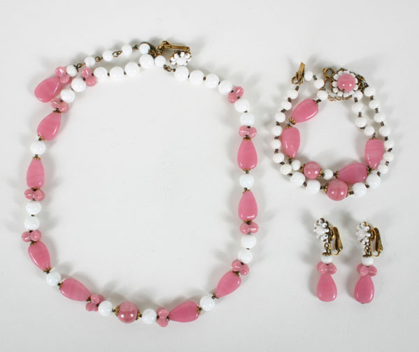 Appraisal: Miriam Haskell pink and white glass beaded three pc parure