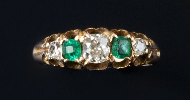 Appraisal: An emerald and diamond five stone ring alternately set with