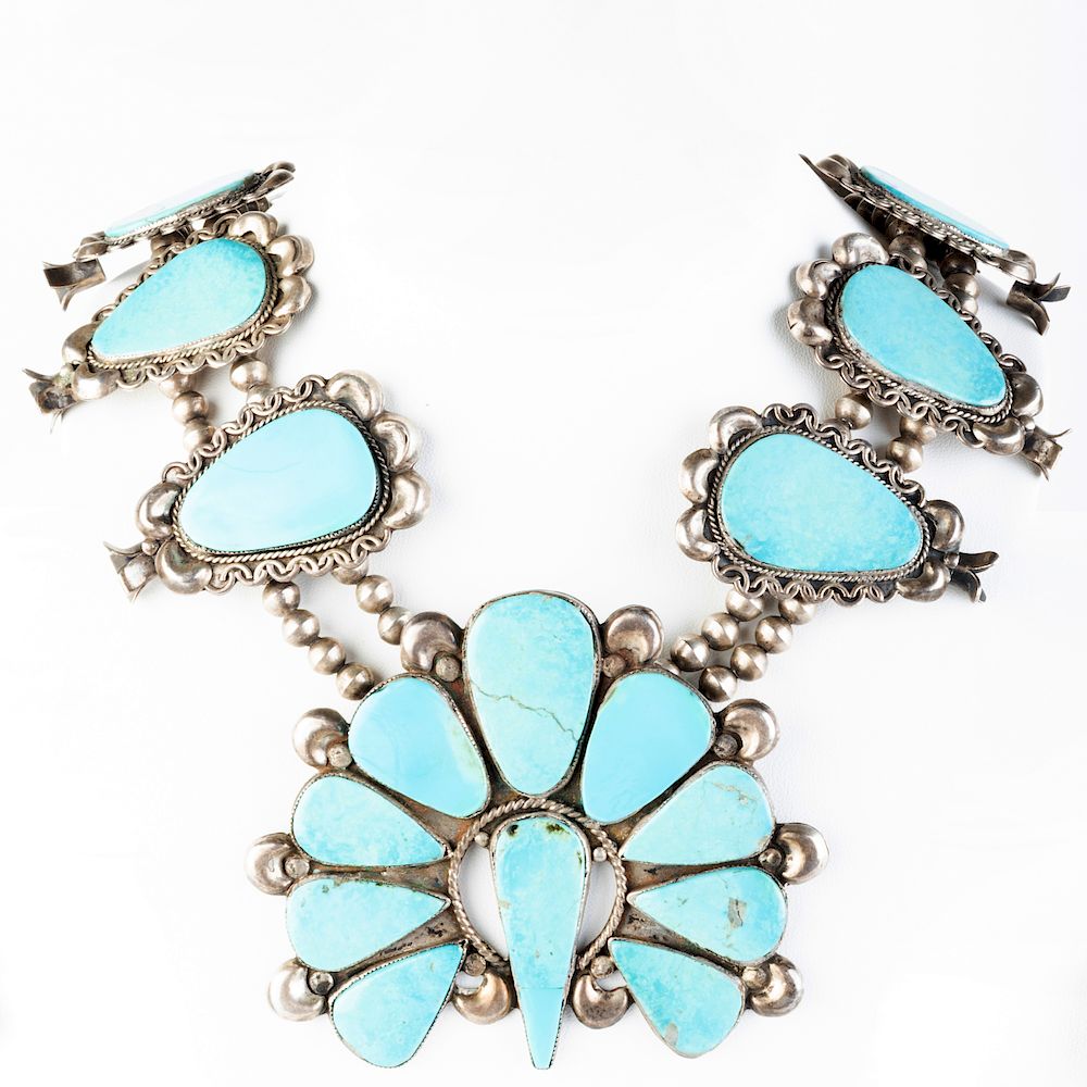 Appraisal: Large Native American Silver and Turquoise Necklace with Squash Blossoms