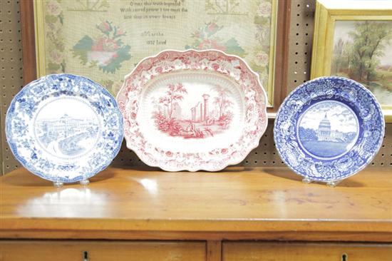 Appraisal: THREE PIECES OF HISTORICAL STAFFORDSHIRE A red and white platter