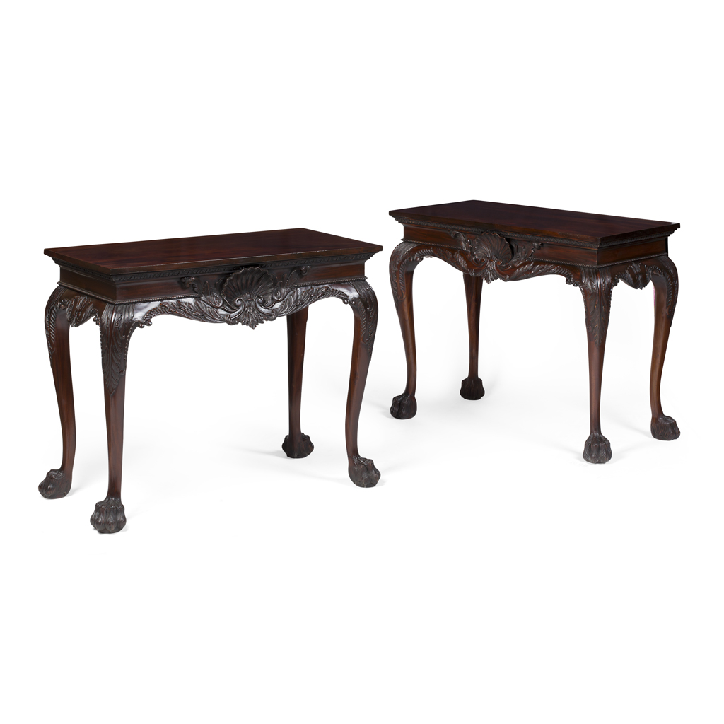 Appraisal: PAIR OF IRISH GEORGE III STYLE MAHOGANY SIDE TABLES IN