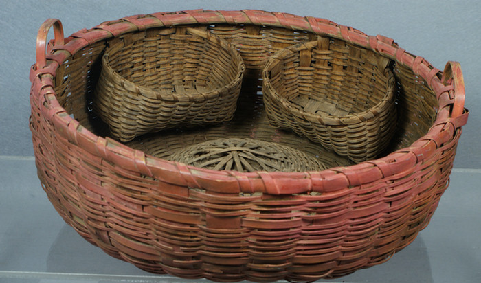 Appraisal: Sewing basket in original red painted finish probably Shaker interior