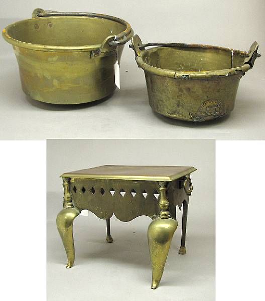 Appraisal: Two iron mounted brass kettles and Queen Anne brass fireplace