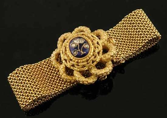 Appraisal: A Victorian enamel and diamond bracelet Comprising a wide mesh