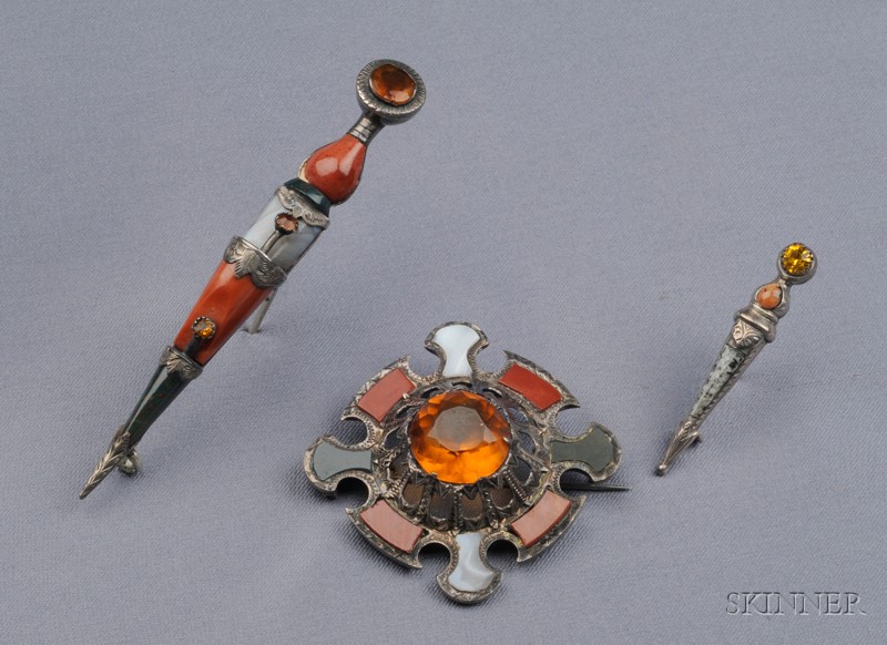 Appraisal: Group of Antique Silver Scottish Agate Jewelry comprising a brooch