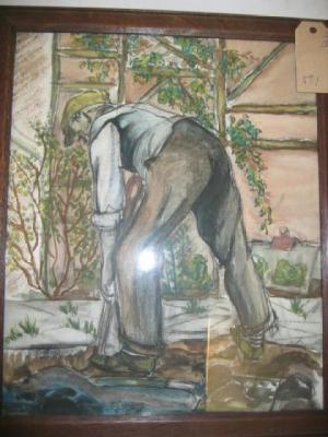 Appraisal: SHEILA BOWNASS Portrait of a Gardener Digging unsigned crayon and