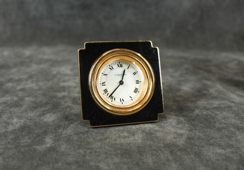 Appraisal: CARTIER TRAVER ALARM CLOCK black enamel with gold trim Cartier