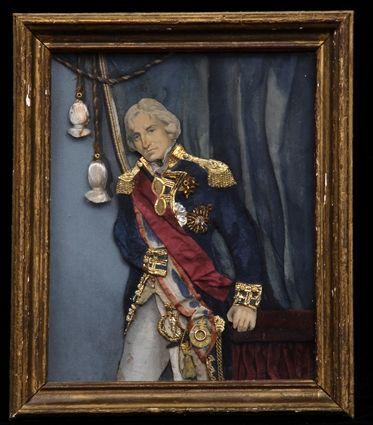 Appraisal: BRITISH DECOUPAGE THREE-QUARTER PORTRAIT OF LORD NELSON STANDING BY A