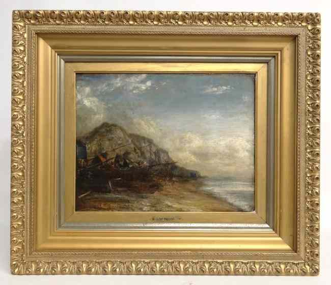 Appraisal: th c oil on board view from shore signed and