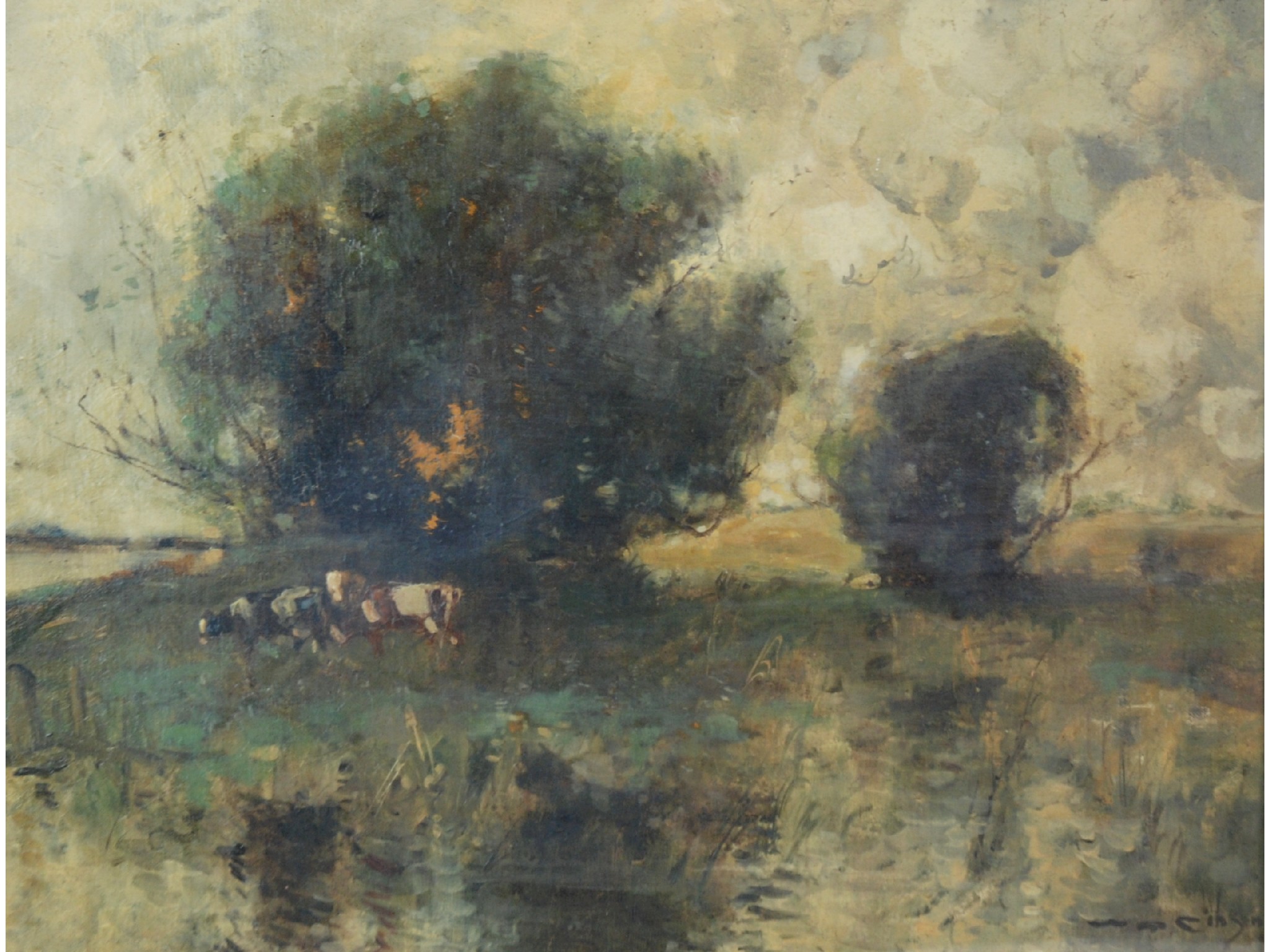 Appraisal: WILLIAM ALFRED GIBSON Scottish - CATTLE WATERING IN RIVER LANDSCAPEOil