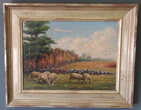 Appraisal: Oil on canvas landscape painting with grazing sheep signed George