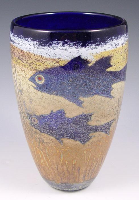 Appraisal: ART GLASS VASE BY PAUL BENDZUNAS Blue fish swimming in