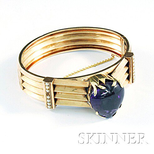 Appraisal: kt Rose Gold Amethyst and Seed Pearl Hinged Bangle Bracelet