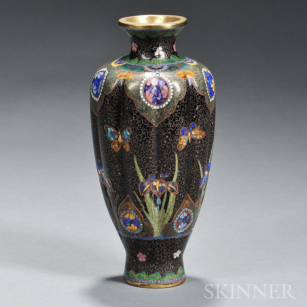 Appraisal: Cloisonne Vase Japan th century fluted decorated with butterflies and