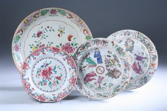 Appraisal: FOUR CHINESE FAMILLE ROSE DISHES Qing Dynasty Charger with floral