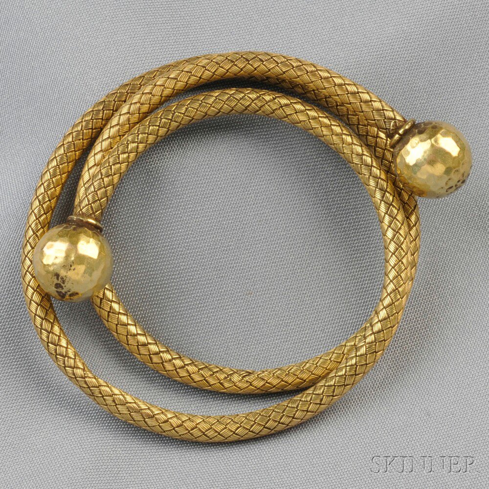 Appraisal: Antique Gold Bracelet flexible basketweave with hammered ball terminals dwt