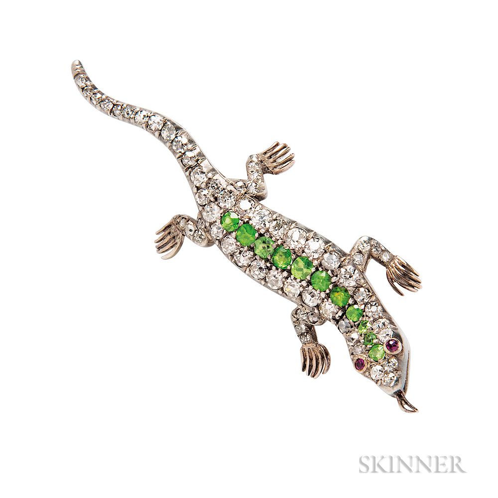 Appraisal: Antique Demantoid Garnet and Diamond Lizard Brooch Antique Demantoid Garnet