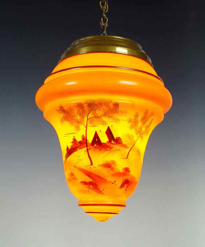 Appraisal: VINTAGE PAINTED GLASS HANGING LIGHT FIXTURE Hand painted with lakefront