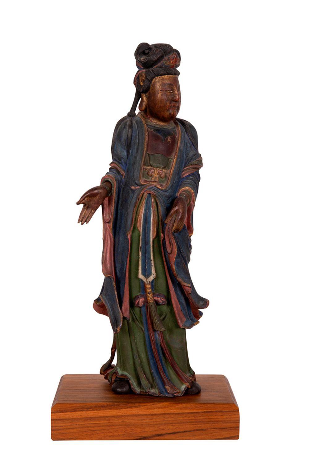 Appraisal: CHINESE POLYCHROME CARVED WOOD QUAN YIN inches high Condition