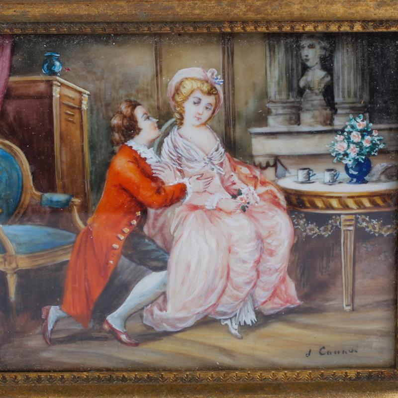 Appraisal: Ivory miniature courtship scene Romantic painting signed J Cannus Image