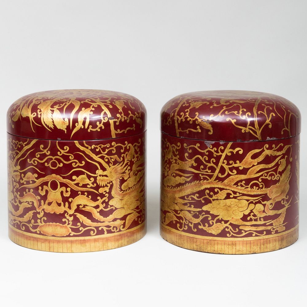 Appraisal: Pair of Vietnamese for Maitland-Smith Gilt-Decorated Scarlet Lacquer Cylindrical Hat