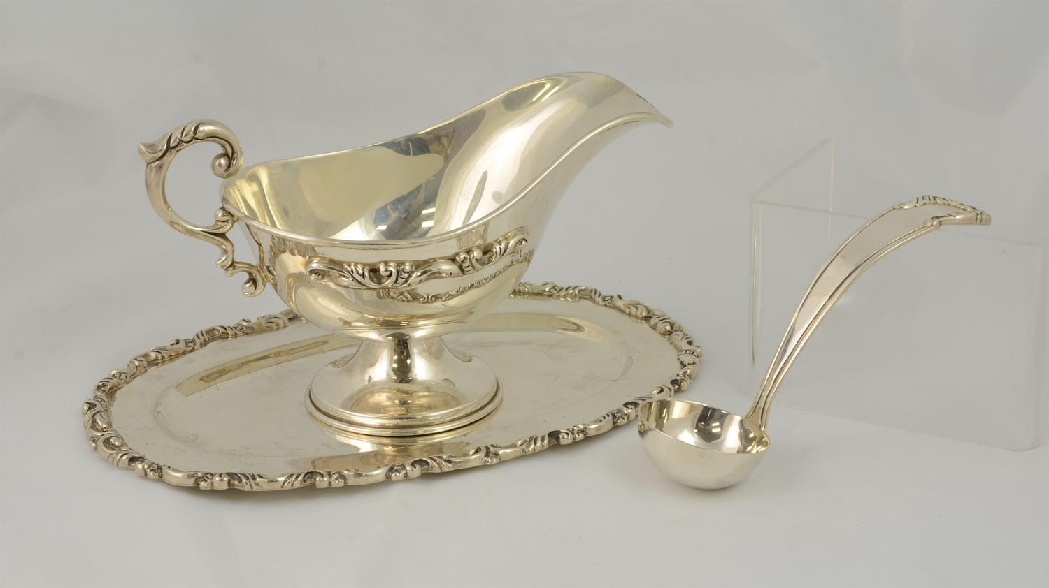 Appraisal: Heavy Sterling Silver Gravy Boat Tray with Ladle marked Conquistador