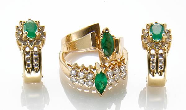 Appraisal: A collection of emerald diamond and k gold jewelry comprising