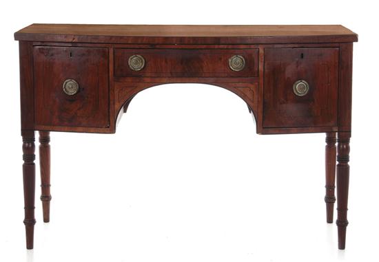 Appraisal: Sheraton inlaid mahogany sideboard circa shaped top central drawer flanked