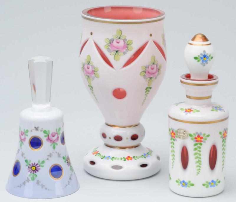 Appraisal: Set of Bohemian Dinner Bell Perfumer Vase Description All with