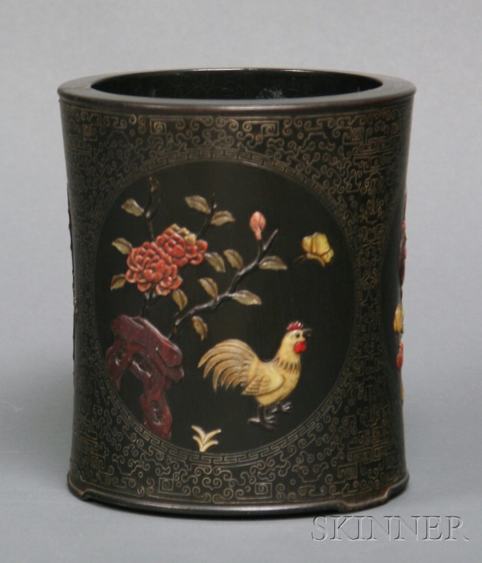 Appraisal: Brush Pot China cylindrical form surface inlaid with birds and