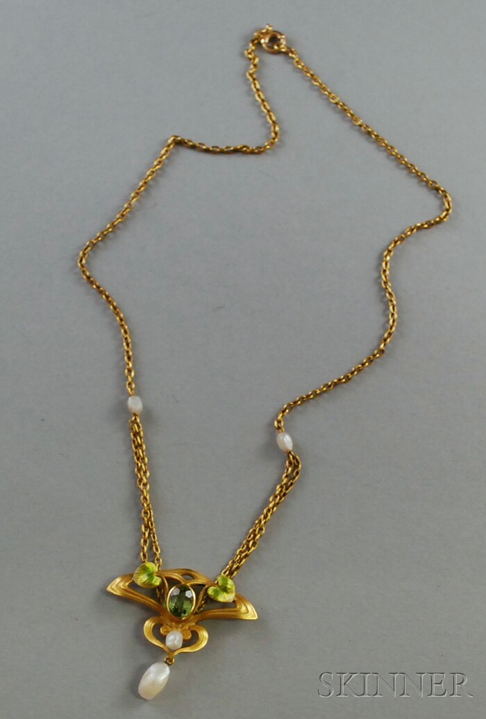 Appraisal: Art Nouveau kt Gold Peridot Freshwater Pearl and Enamel Lavaliere