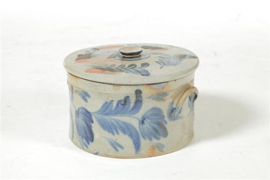 Appraisal: STONEWARE CAKE CROCK American mid th century Brushed cobalt foliage