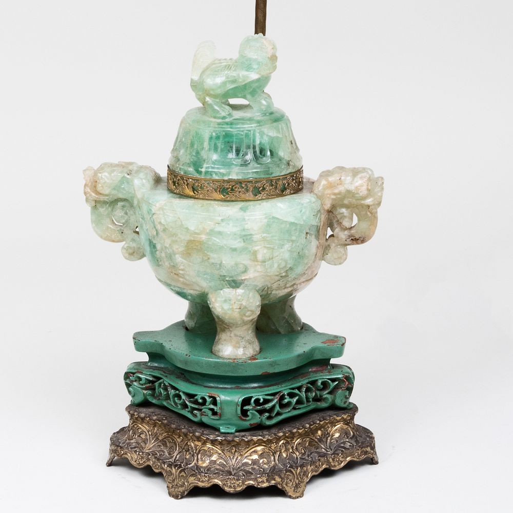 Appraisal: Chinese Fluorite Censer and Cover Mounted as a Lamp The