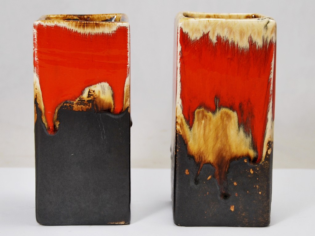 Appraisal: Pair of Eric Leaper square-section vases with trailed glaze cm