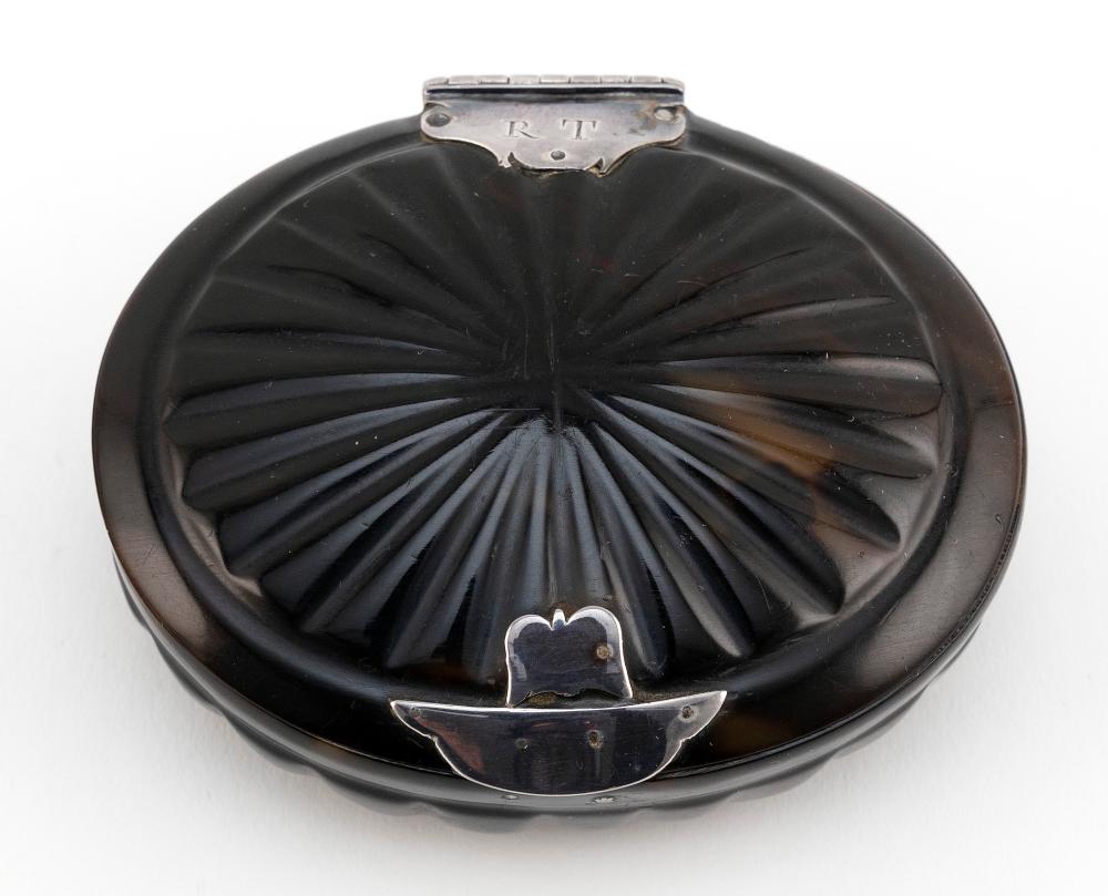 Appraisal: ENGLISH SILVER-MOUNTED SHELL SNUFF BOX CIRCA LENGTH ENGLISH SILVER-MOUNTED SHELL