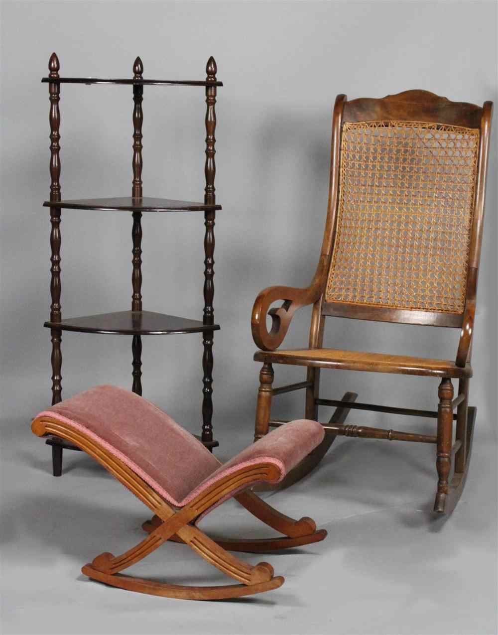 Appraisal: VICTORIAN CANED ROCKER AND GOUT STOOL together with corner mahogany